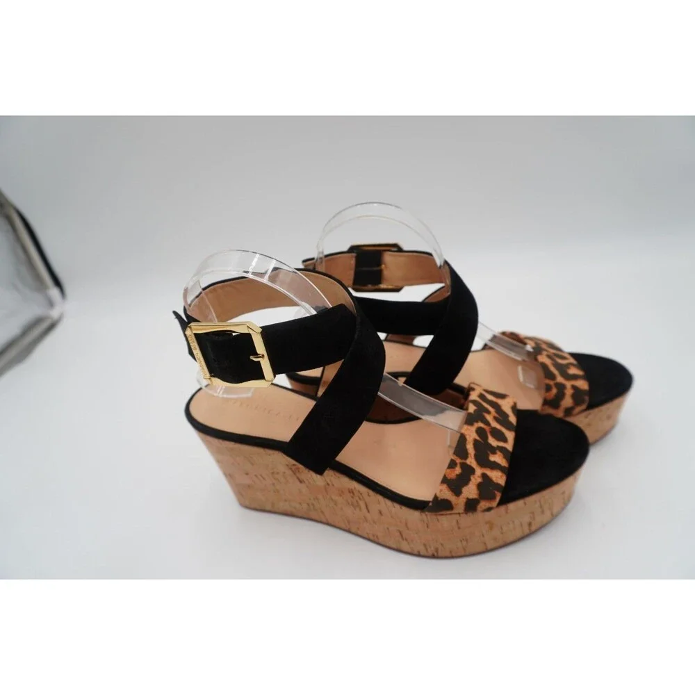 Veronica Beard Hurley Cross Ankle Strap Platform Wedge Sandal Leopard Print 10M
